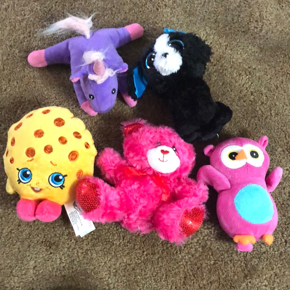 Five plushies: Shopkins cookie, unicorn, TY dog, owl and bear